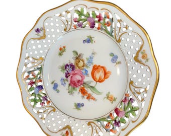 Antique Schumann Germany Floral Pierced 6" Plate, Schumann Dresden Plate, Schumann Reticulated Plate, Mint