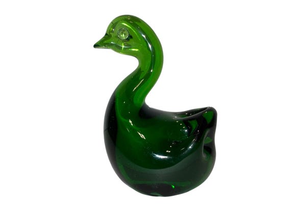 Vintage Green Glass Swan, Green Colored Glass, Green Swan Paper Weight, Green Glass Swan figure, Mint