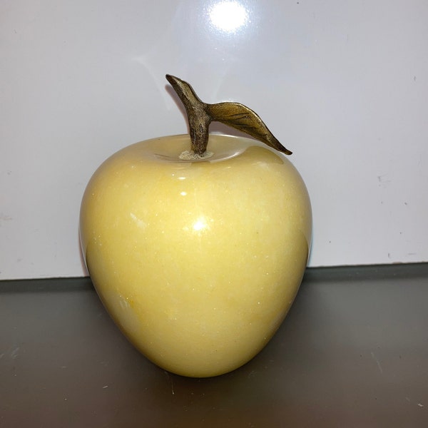 Stone Fruit, Artisan Made Marble Apple, Yellow Marble Apple, Alabaster Apple with Brass Stem, Mid Century Stone Fruit, Apple Applied Stem