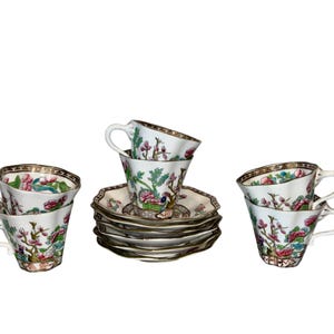 6 Vintage Coalport Indian Tree Flat Cups and Saucers, Coalport Indian Tree Handled 2 1/2&quot; Cups, 1930 Coalport Cup Saucer, READ