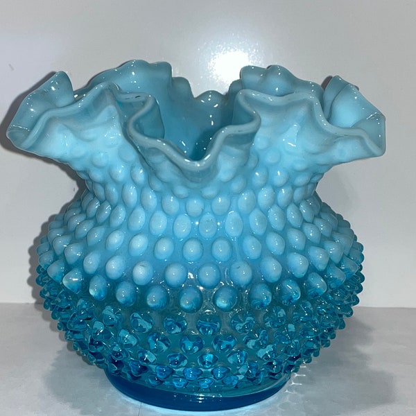 Vintage Fenton Turquoise Opalescent Hobnail Vase, Fenton Opalescent Blue Ruffled Vase, Vintage Blue Ruffled 5" Vase,Fenton Crimped Rose Bowl