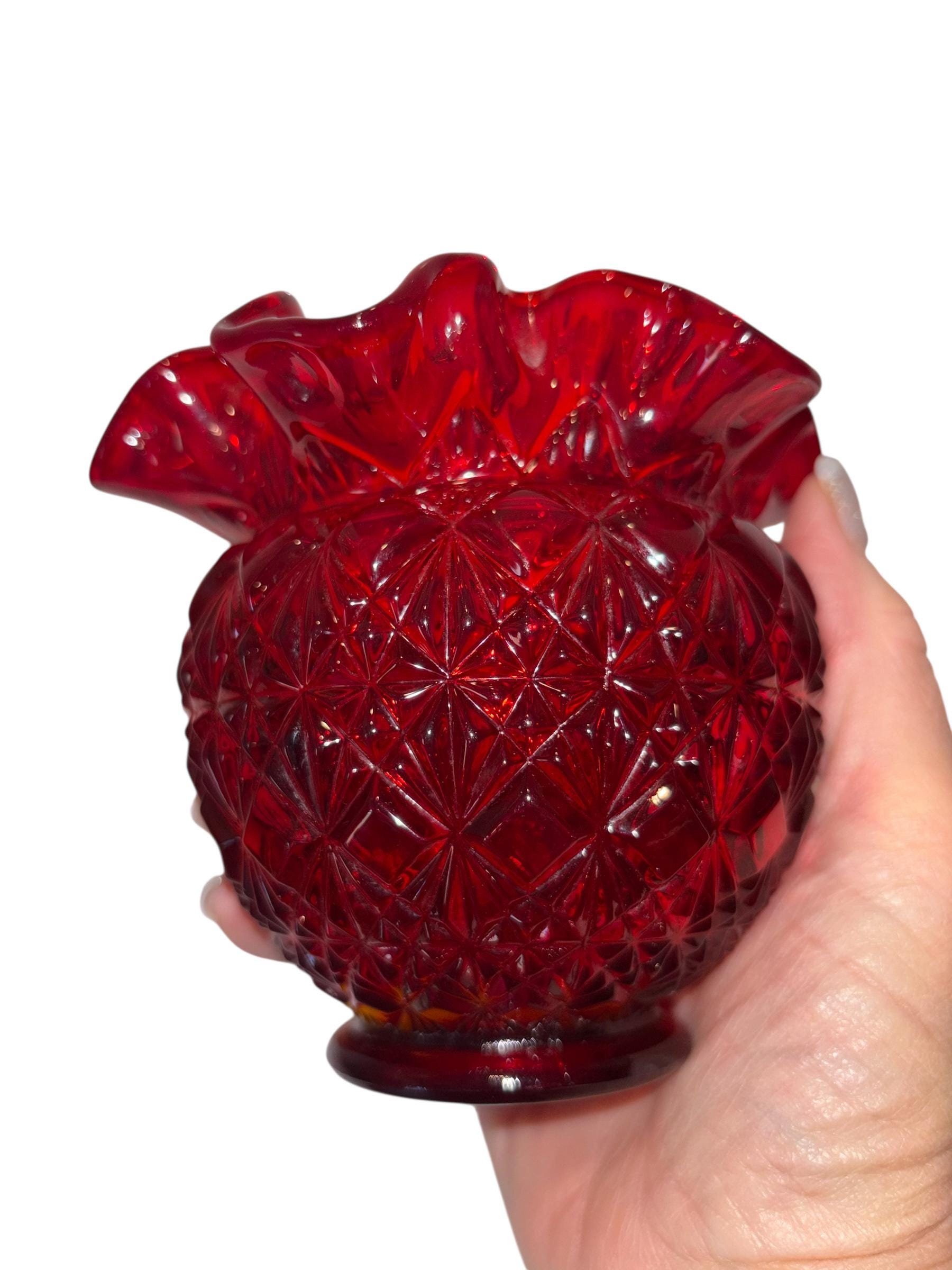 Fenton Ruby Red Rose Rose Bowl, Vintage Fenton Double Crimped Pink Vase ...