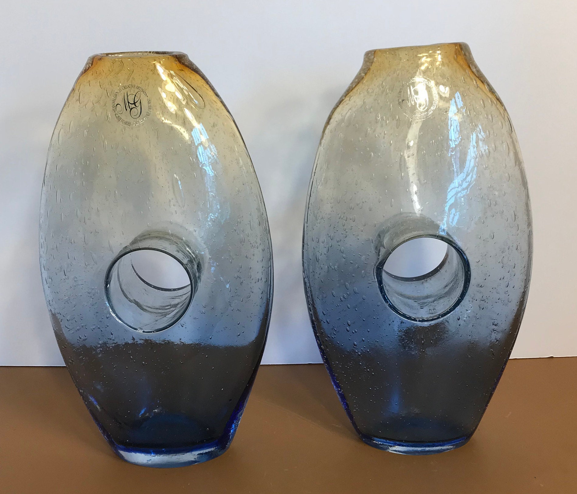 Pair of Vintage Hand Blown Donut Hole Vases Art Glass Seeded Etsy