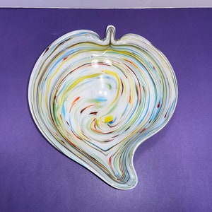 Vintage Murano Art Glass Dish, Murano Free Form Bowl, Free Form Confetti Swirl Glass Dish, White Rainbow Glass Dish, Blown Art Glass, Mint