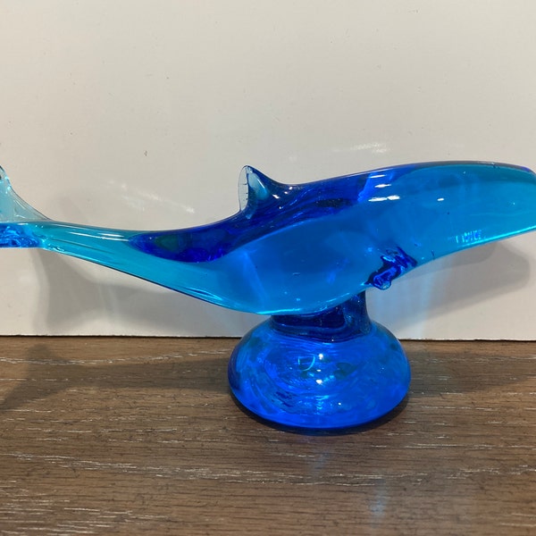 Vintage Ron Ray Dolphin Figure, Turquoise Blue Glass Dolphin Paperweight, Signed Glass Dolphin, Ron Ray Dolphin