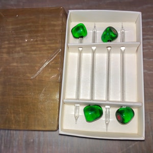 4 Vintage Glass Olive Appetizer Picks, Bar Ware, Green Olive Drink Sticks, Glass Swizzle Sticks, Fancy Bar Martini Olive Picks, in box