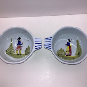 Vintage Henriot Quimper Breton Man Bowls, French Quimper 4 1/2&quot; Bowl with Handles, Quimper Breton Woman Cereal Bowl, READ