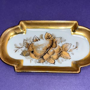 Vintage Limoges Porcelain Tray, Limoges Trinket Painted by Charleton, Gold Painted Limoges Tray, Limoges Gold Fruit 4 3/4&quot; Tray