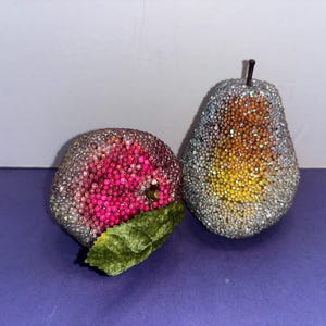 2 Vintage Beaded Pear Ornament, Beaded Iridescent Pear, Beaded Pomegranate, Artificial Fruit for Display, Vintage Fruit Decor