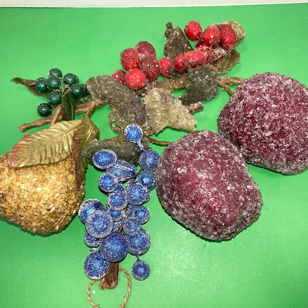 7 Vintage Beaded Fruit, Beaded Pear, Beaded Apple, Beaded Grapes, Beaded Berries, Mid Century Beaded Fruit, Faux Fruit, Sugared Fruit