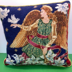 Needlepoint Christmas Angel Pillow, Vintage Needlepoint Angel Pillow, Red Velvet Backed Needlepoint Pillow, 14&quot; Needlepoint Pillow