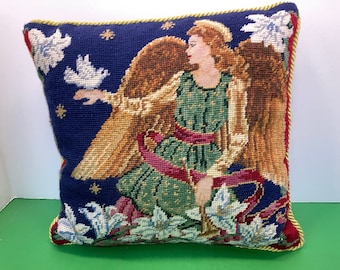 Needlepoint Christmas Angel Pillow, Vintage Needlepoint Angel Pillow, Red Velvet Backed Needlepoint Pillow, 14" Needlepoint Pillow