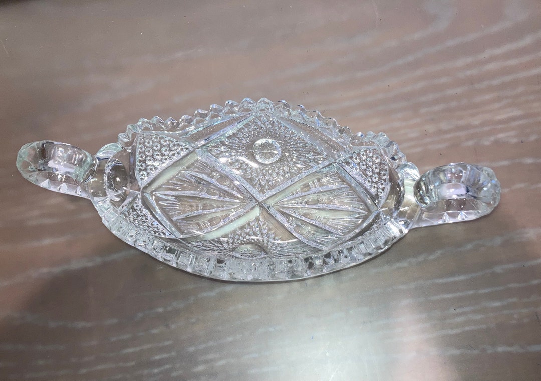Vintage Cut Glass Nappy, Pressed Glass Double Handle Nappy Dish, Cut