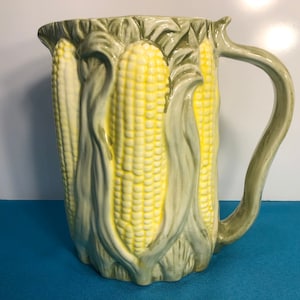 Vintage Majolica Corn Pitcher, Yellow Green Corn Pitcher, Majolica Ceramic Corn Pitcher, Vintage Pottery Corn, CRACK