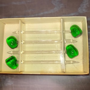4 Vintage Glass Olive Appetizer Picks, Bar Ware, Green Olive Drink Sticks, Glass Swizzle Sticks, Fancy Bar Martini Olive Picks, in box