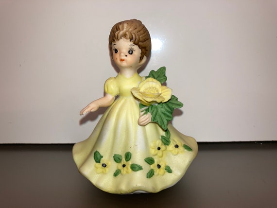 Vintage Japan Girl Figure, Vintage Porcelain Lefton Yellow Dress
