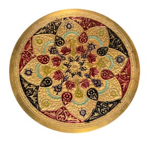 Vintage Brass Enamel Plate, 7&quot; Brass Enamel Lotus Plate, Brass Painted Wall Plate, Brass Wall Plate with Decorative Enamel Inlay