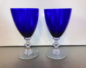 2 Morgantown Radiant Cobalt Clear Water Goblets, Morgantown Cobalt 6 1/4" Stemmed Glasses, Vintage Cobalt Blue Tall Water Goblets, Mint