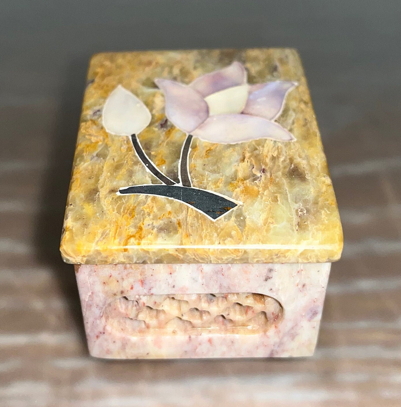 Vintage Carved Stone Box, Stone Square Box India, 2 1/4