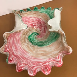 Mid Century Modern Art Glass Ouster Shape, 1950 Free Form Art Glass Dish, Art Glass in Green White Pink Gold Swirl with Folded sides
