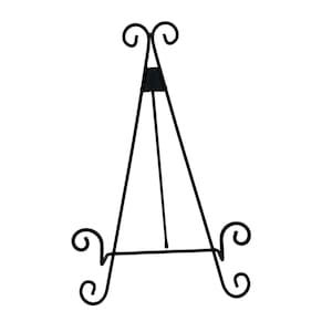 May include: A black metal easel with a three-legged design. The easel features decorative scrollwork at the top and bottom, and a small triangular support piece. The easel is designed to hold a picture or artwork.