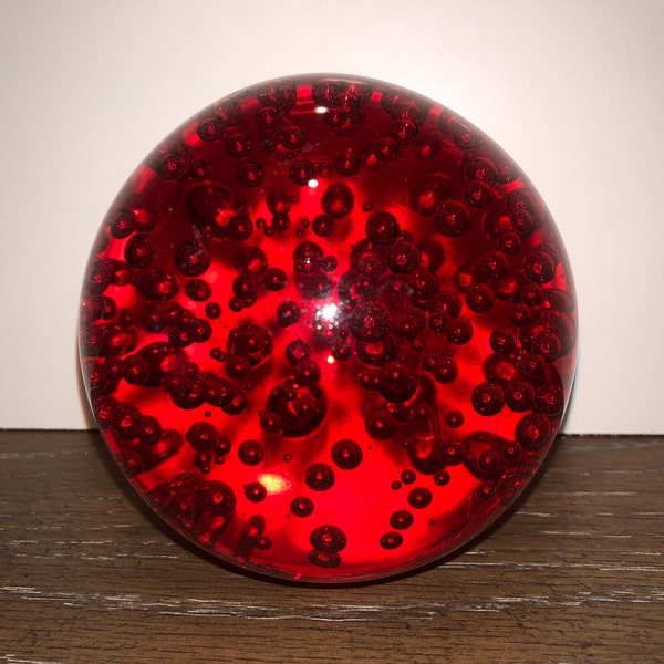 Mid Century Controlled Bubble Red Paper Weight, Controlled Bubble Large Red Paperweight, 3 1/4" Red Bubble Paperweight, Mint