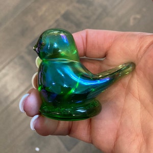 Vintage Iridescent Green Bluebird, Leo Ward 1981 Sunny Day Bird, Green Carnival Glass Bird Paperweight, Signed Glass Bird, Leo Ward 1981