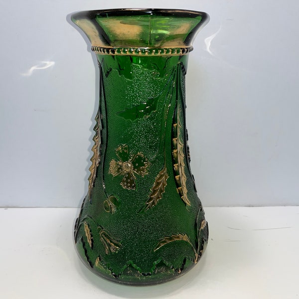 Antique Green Gold Delaware Vase, Blown Glass Green Gold Gilt Vase, Large Textured 9" Vase, Antique Paneled Green Vase, 1899 USA Green Vase