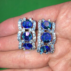 Vintage AB Blue Rhinestone Earrings, Blue AB Rhinestone Hoop Earrings, Peacock Aurora Borealis Clip On Earrings, AB Blue Earrings