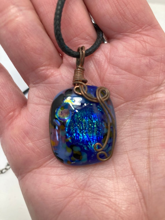 Vintage Dichroic Glass Pendant, Copper Wire Wrappe