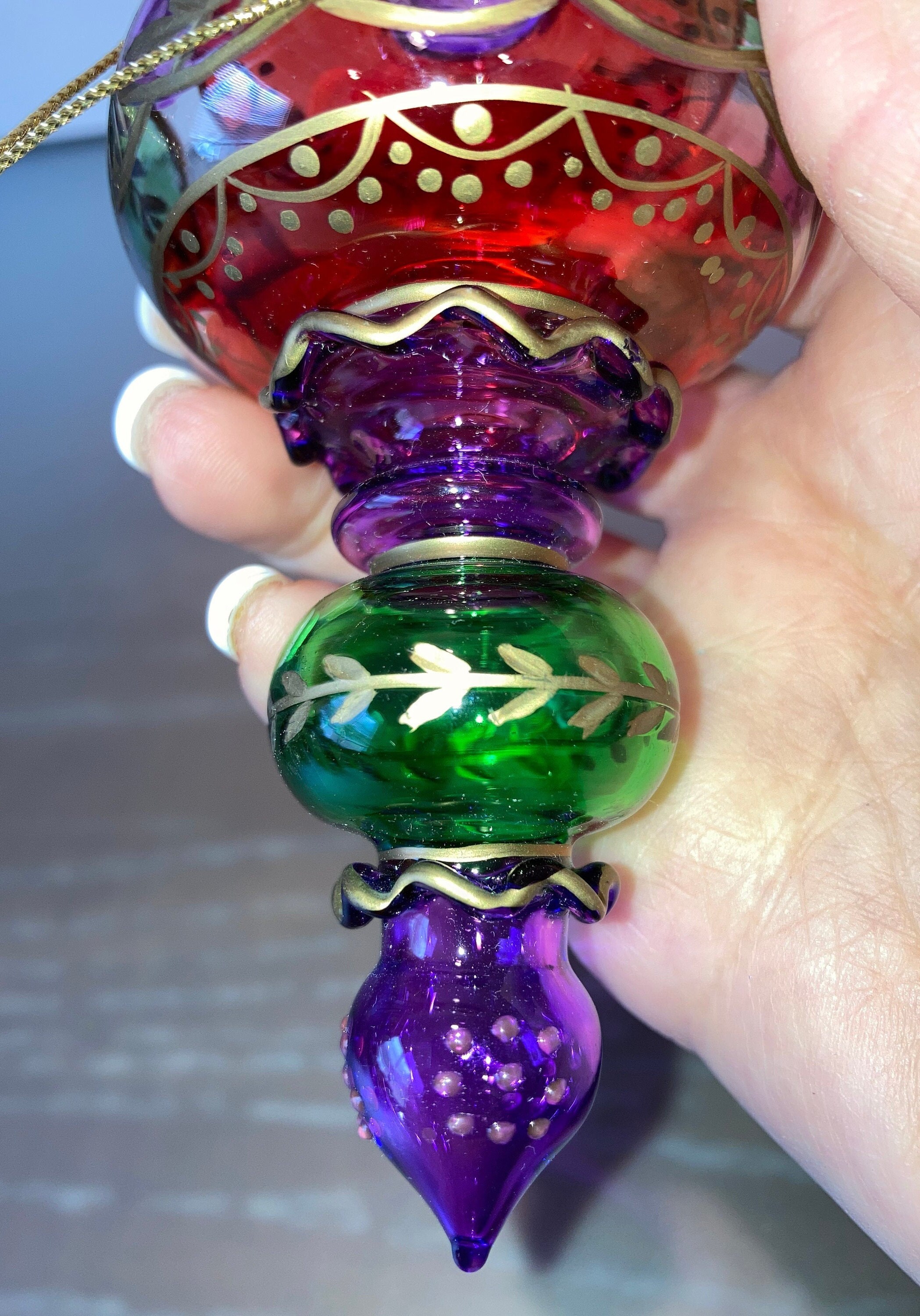 Bohemian Czech Glass Ornament Gold Painted Cranberry Purple Etsy