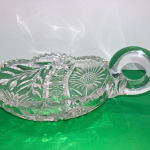 Antique American Brilliant Crystal Nappy, Stars Cut Glass Hobstar Candy Dish, Crosshatch Nappy, ABP Cut Glass Thumb Handle Dish, Hobstars