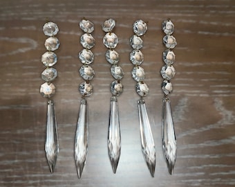 5 Sets of Antique Crystal Prisms, Antique crystals Lot, antique chandelier Prism, 7&quot; Linked replacement crystals, 3&quot; Faceted Prism Octagon