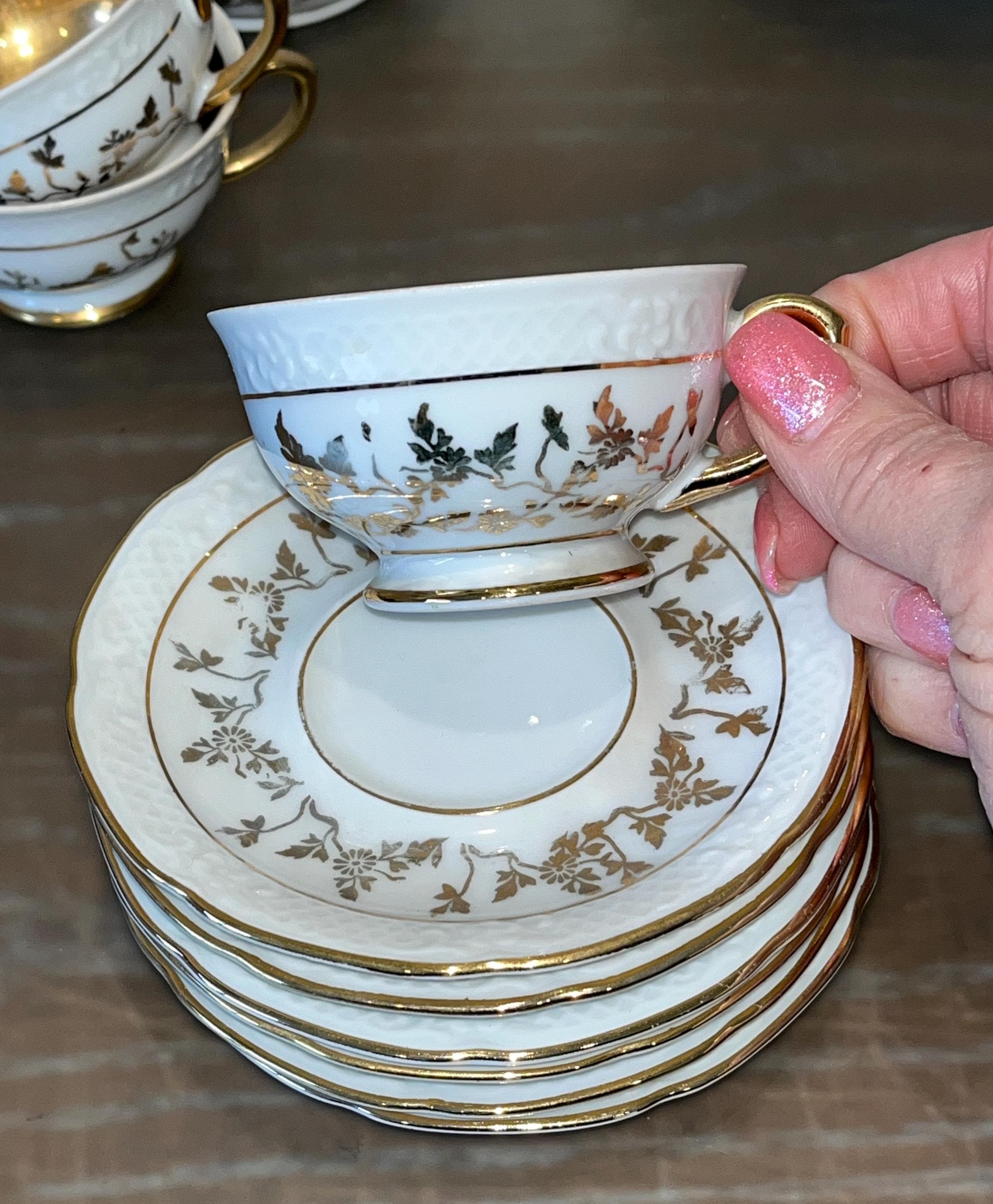 18 Piece PVB Haas Dresden Tea Set, 1954 Dresden Germany White 24kt