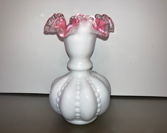 Vintage Fenton Pink Compote Opalescent Crimped Edge Fine Cut
