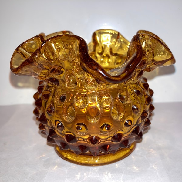 Fenton Gold Art Glass Hobnail Vase, Vintage Fenton Gold Ruffled Vase, Vintage Gold Glass Ruffled 3" Vase, Fenton Crimped Rim