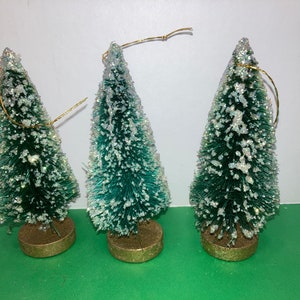 3 Vintage Glittered Green Bottle Brush Trees, Mid Century Iridescent Glittered Trees, Vintage Christmas Bottle Brush Trees, Gold Bases