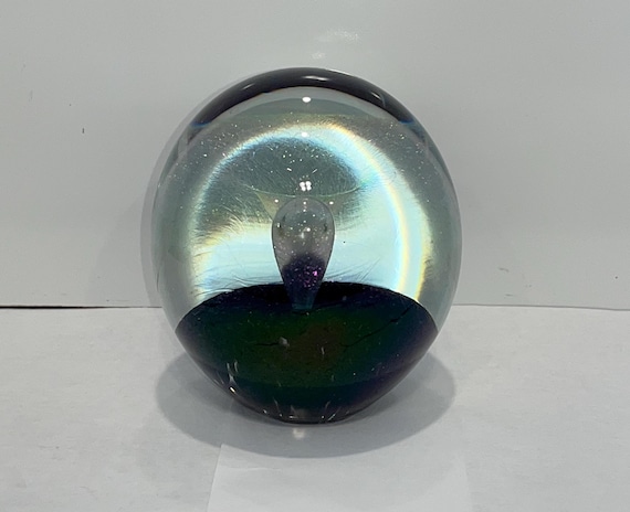 Signed Robert Eckholt Paperweight, Iridescent Peacock Art Glass