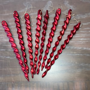 8 Vintage Red Satin Icicle Christmas Ornaments, Shatterproof 5&quot; Red Icicle Ornaments, Set of 8 Red Christmas Ornaments, Red Spiral Icicles