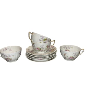 4 Antique Limoges Pink Floral Tea Cups,  Ahrenfeldt Limoges Cups and Saucers, Pink Flower Limoges Depose Cups and Saucers, Good