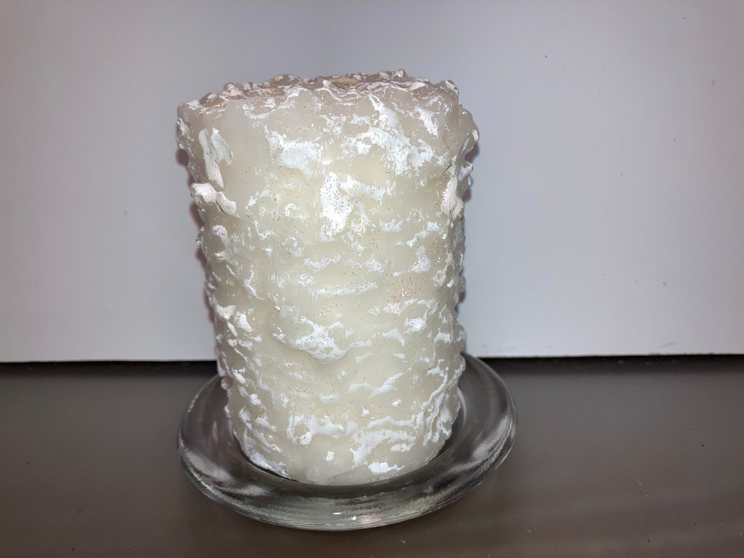 White Iridescent Glitter Candle, White Glitter Candle on Glass Tray