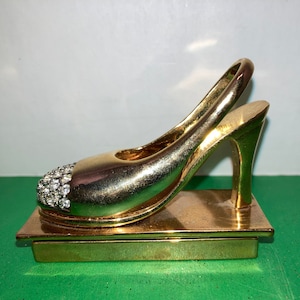 Jeweled Shoe Trinket Box, Gold Rhinestone Sling Heel Shoe Box, Vintage Cream Enamel Rhinestone Heeled Shoe Pill Box, Shoe Hinged Box, Mint