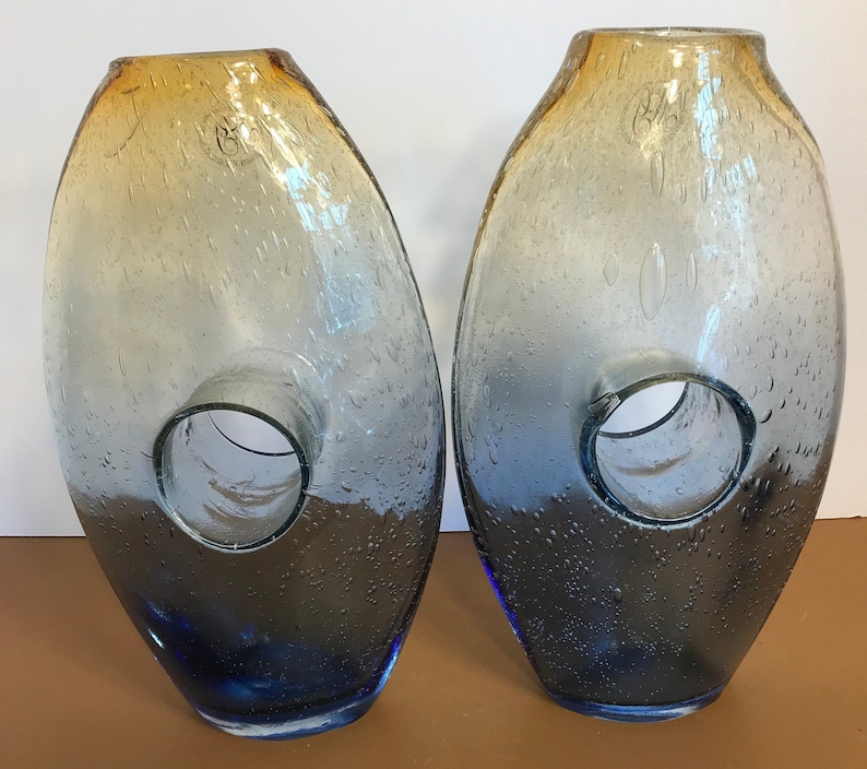 Pair of Vintage Hand Blown Donut Hole Vases Art Glass Seeded Etsy