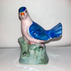 Vintage Japan Ceramic Bird, Lusterware Blue Bird 5 Vessel Vase, Vintage Japan Flower Frog with Bird, Vintage Spring Lusterware Vessel