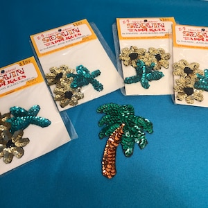 5 Sew on Appliques Lot, Sequin Flower Sew On, Flower Appliques, Sequin Palm Tree, Craft Supplies, Applique New Old Stock