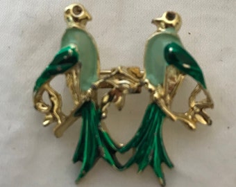 Vintage Gold Enamel Bird Pin Brooch, Gold Bird Jewelry, Gold Tone Enamel Bird Pin, Bird Gold Enamel Brooch, Gold Birds Pin Blue Green