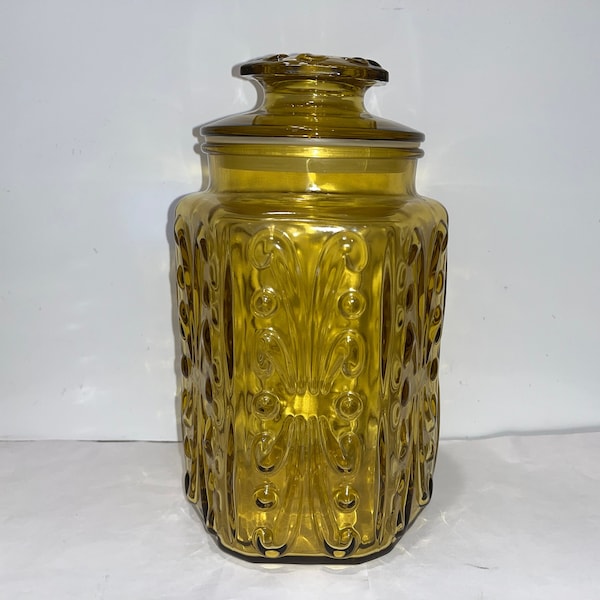 Vintage LE Smith Atterbury Canister, LE Smith Atterbury Gold Glass Jar, Mid Century LE Smith Gold Glass 9 1/2" Canister, Mint