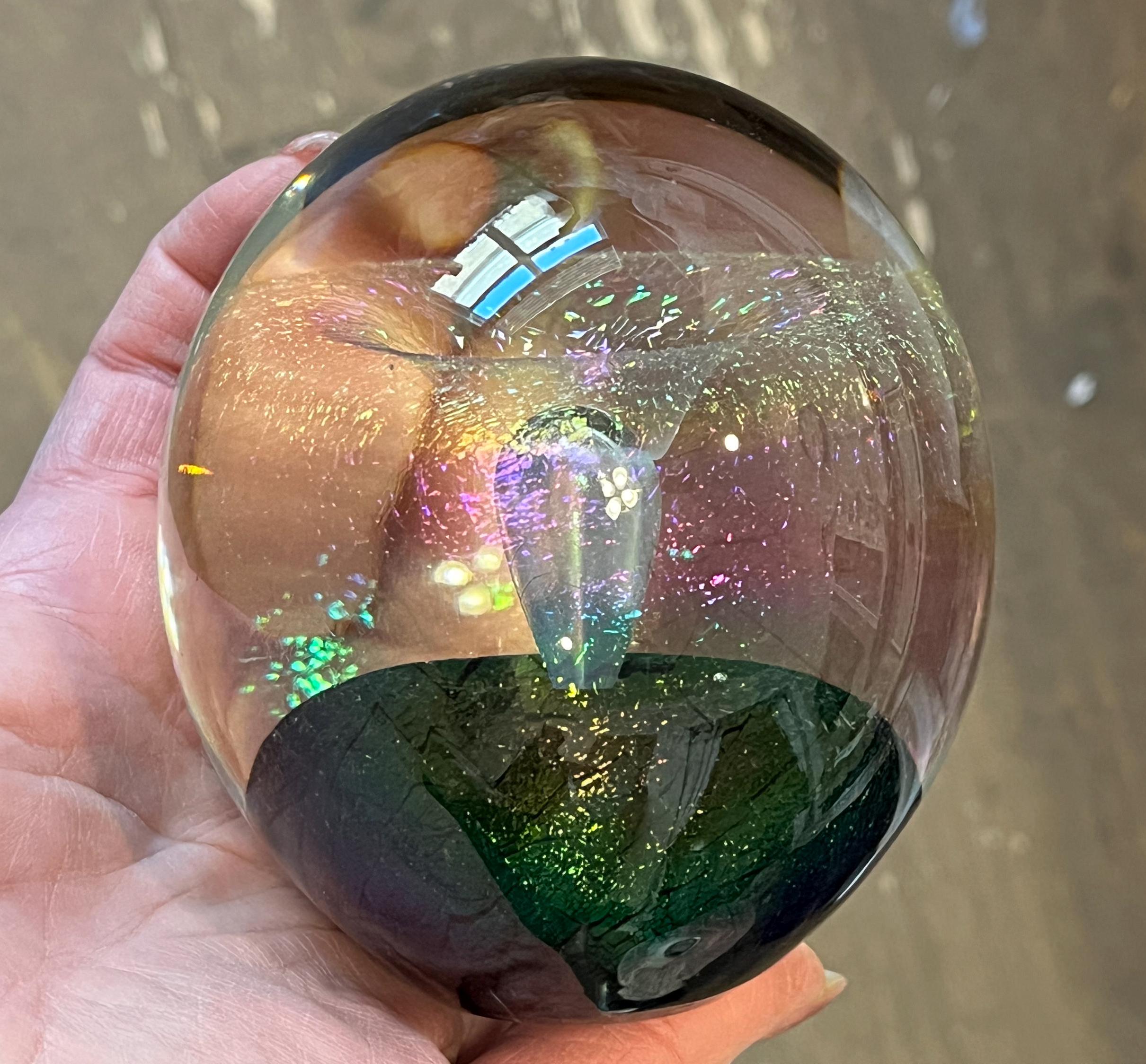 Signed Robert Eckholt Paperweight, Iridescent Peacock Art Glass