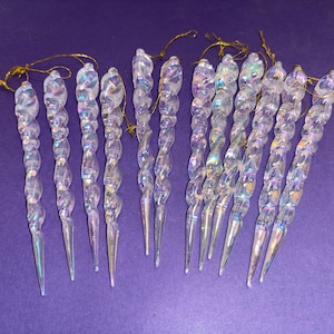 12 Vintage Icicle Christmas Ornaments, Shatterproof 5&quot; Iridescent Icicle Ornaments, 12 Clear Glitter Twisted Icicle Ornaments