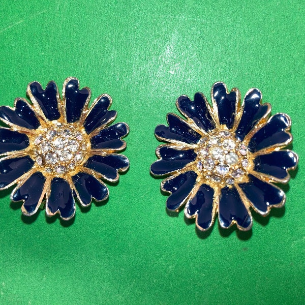 Vintage Navy Enamel Flower Clip On Earrings, Large 1 1/4" Navy Blue Flower Earrings, 1960 Blue Flower Earrings Gold Rhinestone Centers, Mint